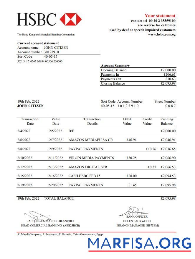 Downloadable Egypt HSBC bank statement excel example